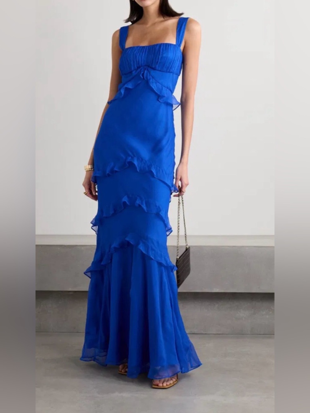 NWT Blue Saloni Chandra ruffled plissé silk-georgette maxi dress